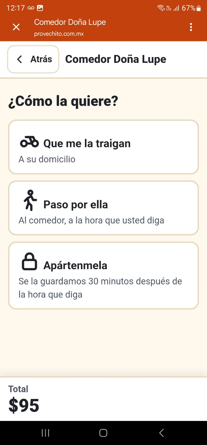 Opciones para entrega, recoger o apartar comida