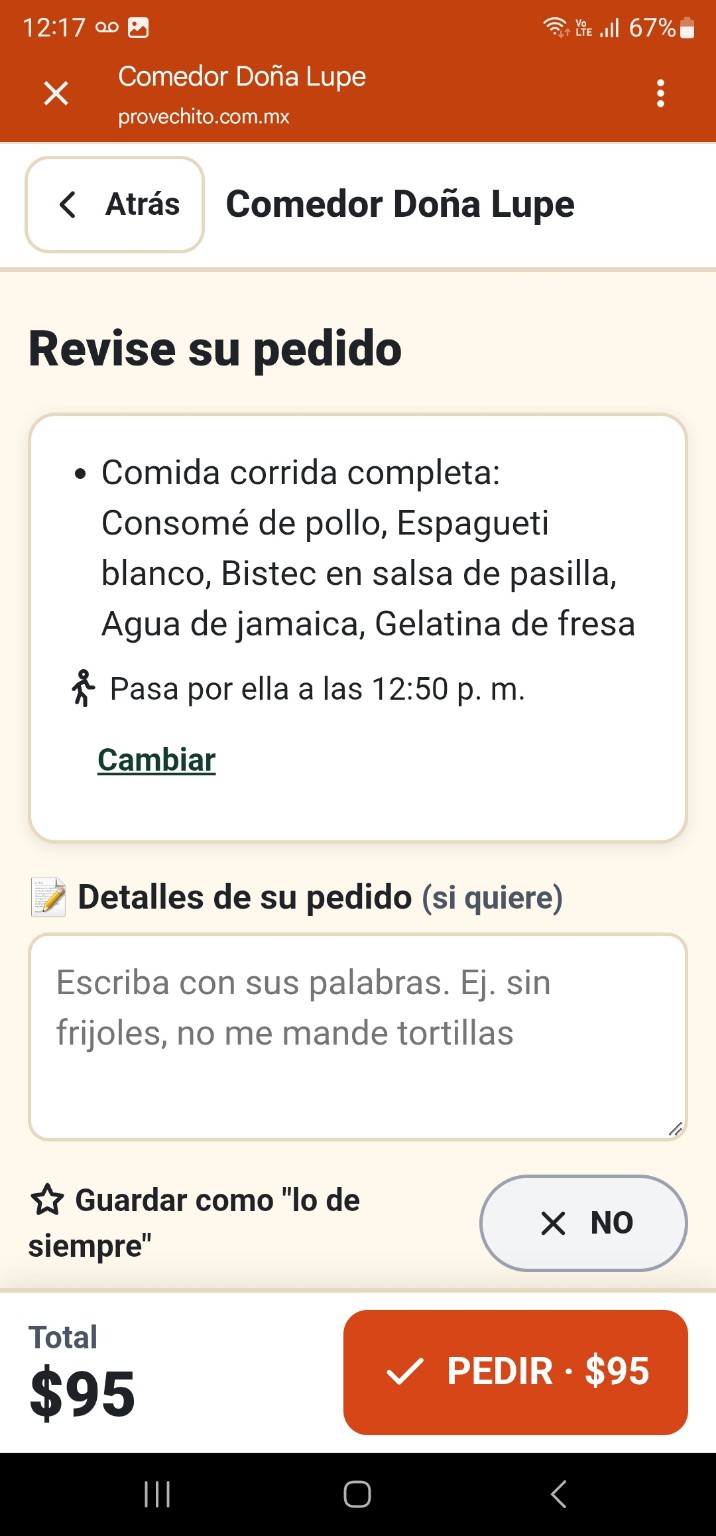Revisión del pedido, horario y total antes de confirmar