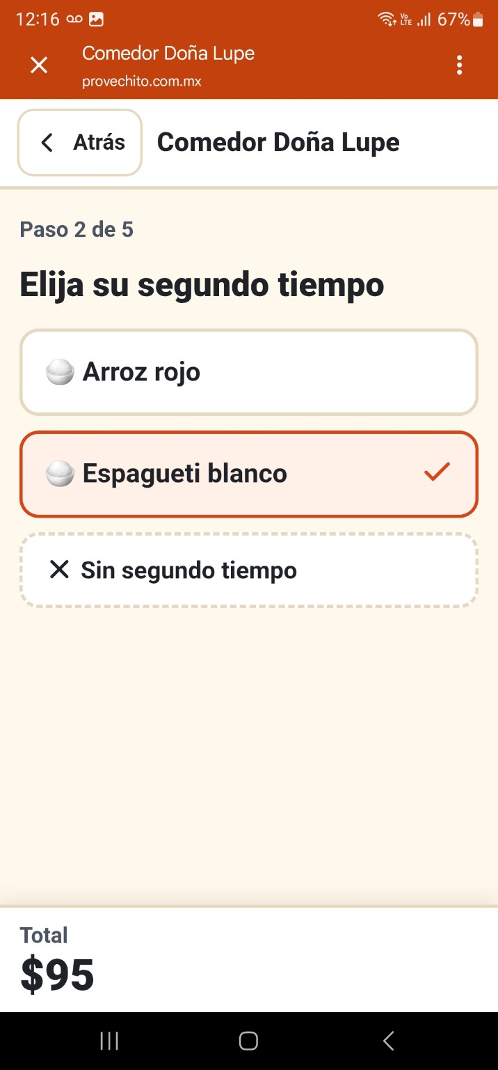 Selección de guisado en la aplicación del cliente