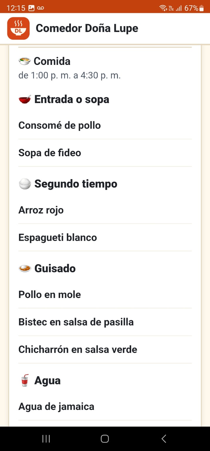 Opciones de comida corrida, dos tiempos y un platillo