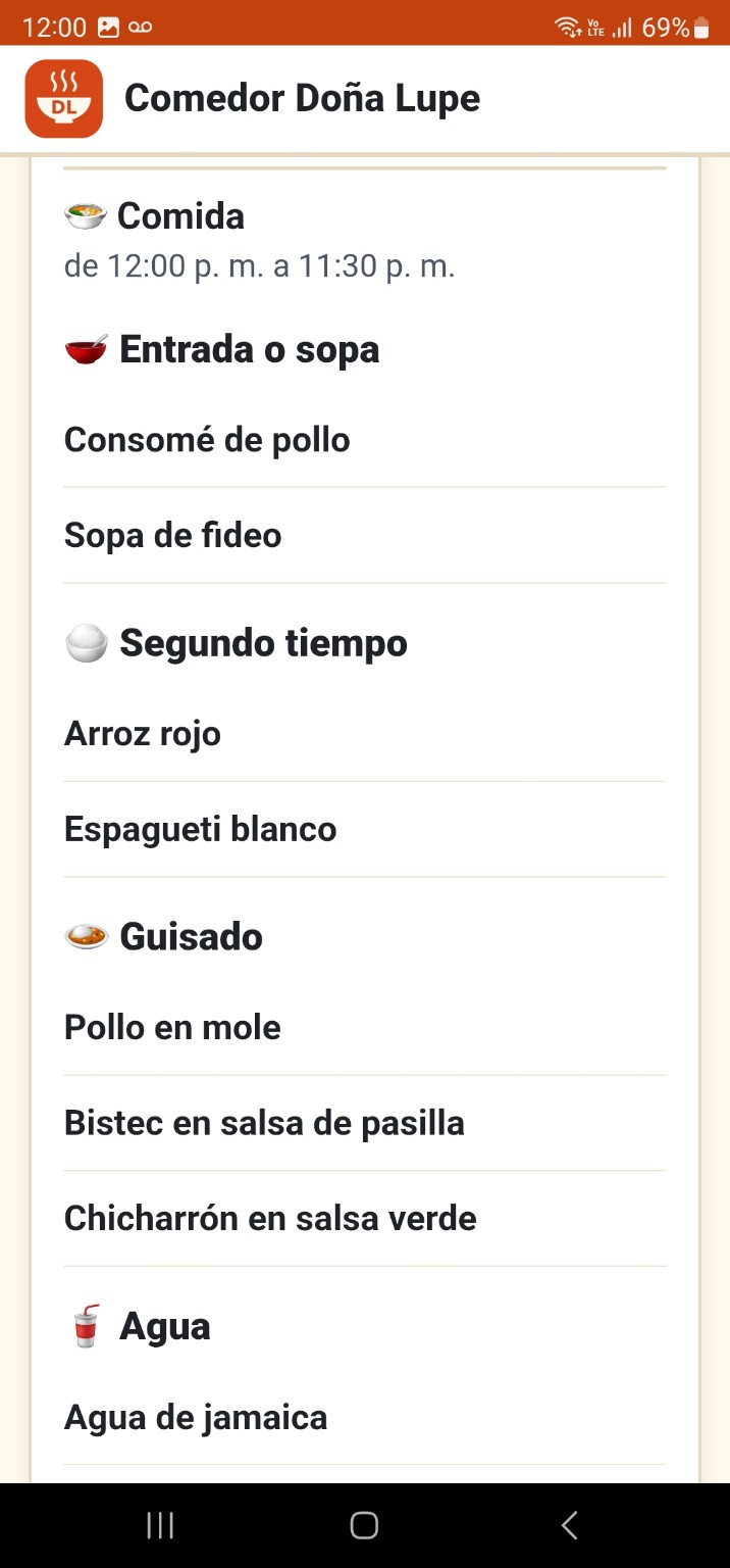 Pantalla del Comedor Doña Lupe con botón para pedir y menú del día