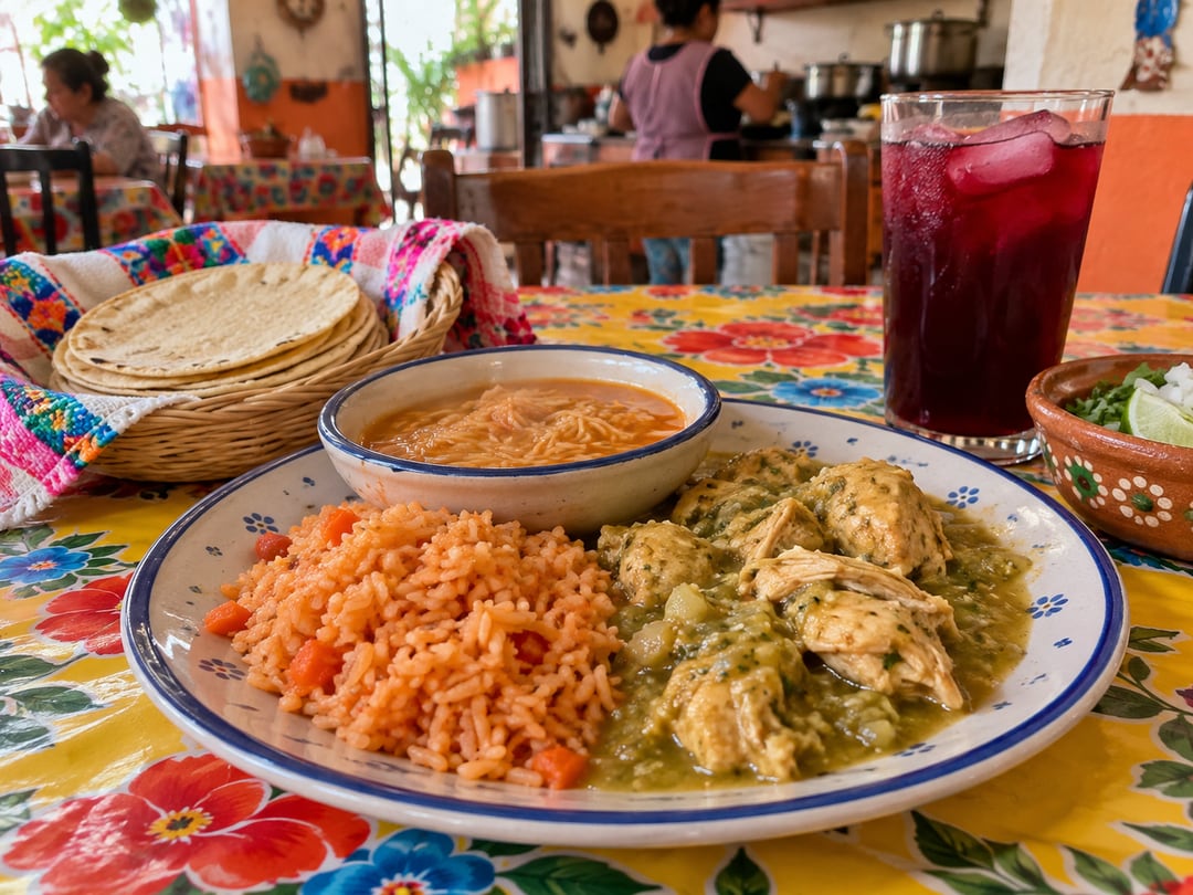 Plato de comida corrida con sopa, arroz, guisado y agua fresca